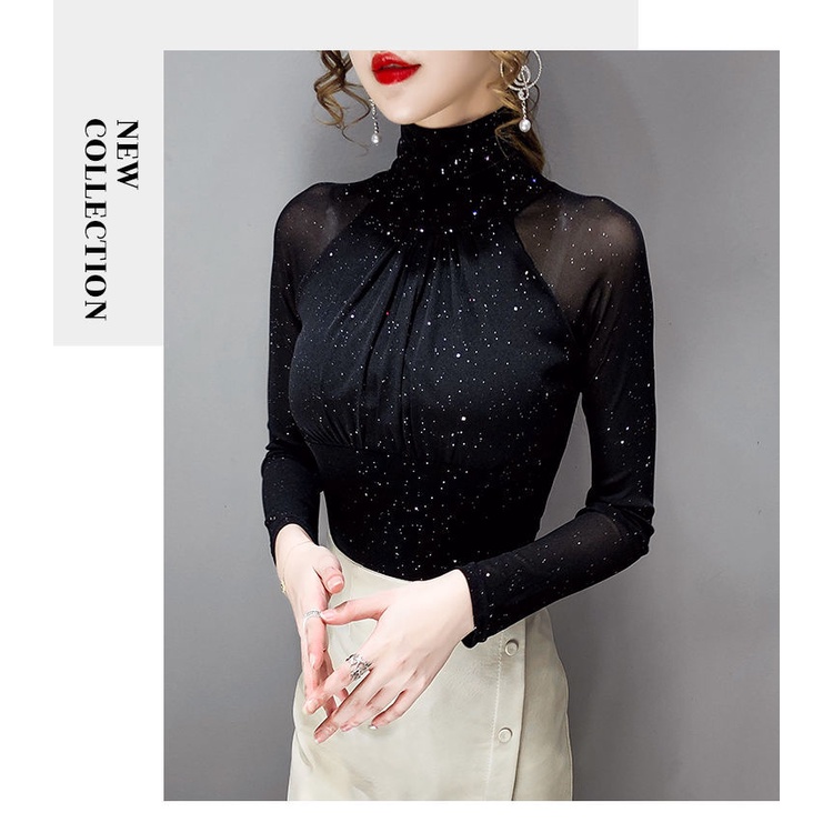 Áo Kiểu Tay Dài Phối Ren Lưới Phong Cách Vintage Pháp Quyến Rũ