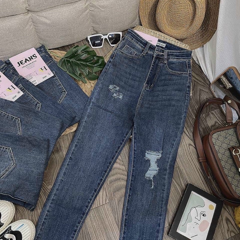 Quần Jeans Nữ Ôm Cạp Cao Rách Nhiều Xéo Gấu Fullsize Ulzzang QA3