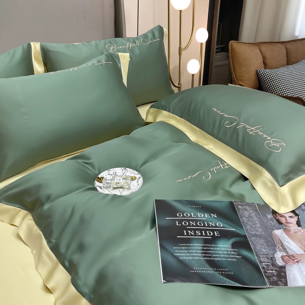 Bộ Chăn Ga Gối Lụa Tencel Cao Cấp Sang Xịn Mịn Mát Gồm Chăn Drap Gối Sét 4 Món - Nhập Khẩu Chính Hãng