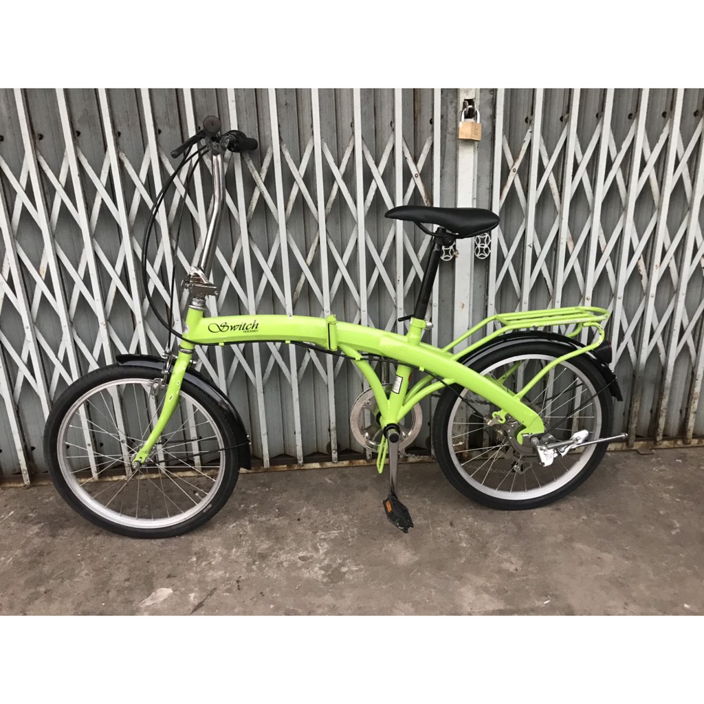 Xe đạp gấp màu xanh dạ quang bánh 20 inch, bộ truyền động nhiều tốc độ hàng Nhật bãi.