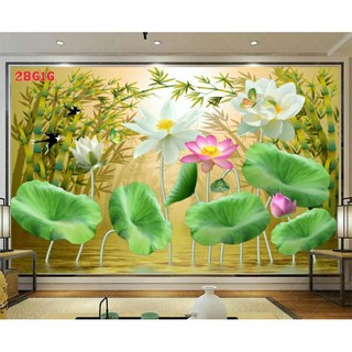 Tranh dán tường 3D hoa sen KT ngang 1.25m*0.8m có keo sẵn