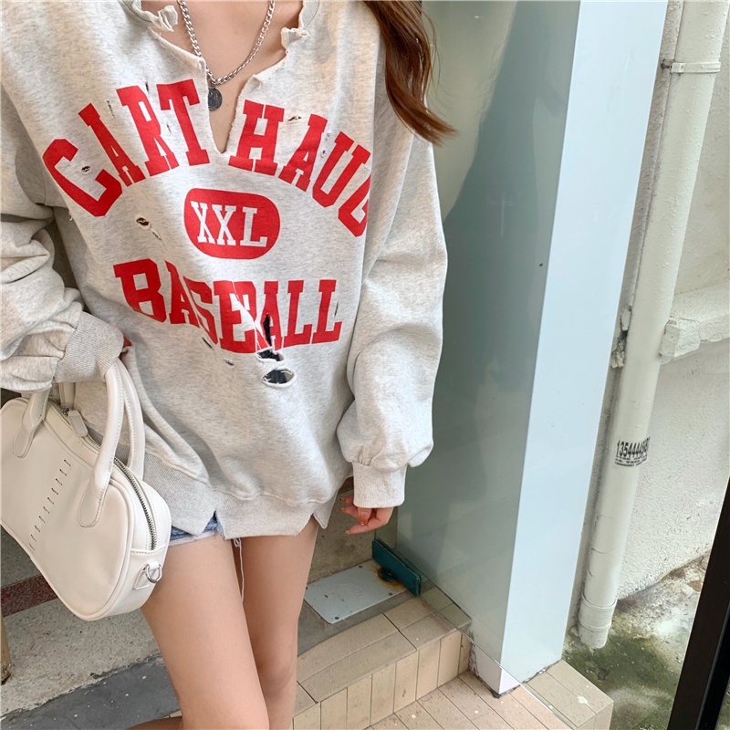 Áo len xám rách cổ chữ V dáng rộng thời trang mùa thu mới 2022