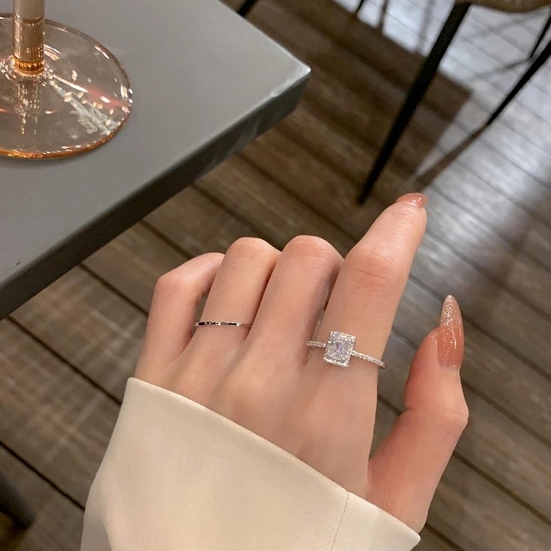 Nhẫn Hở Đính Đá Zircon Hình Vuông Lấp Lánh Sang Trọng Thanh Lịch Kiểu Pháp Thời Trang Cho Nữ