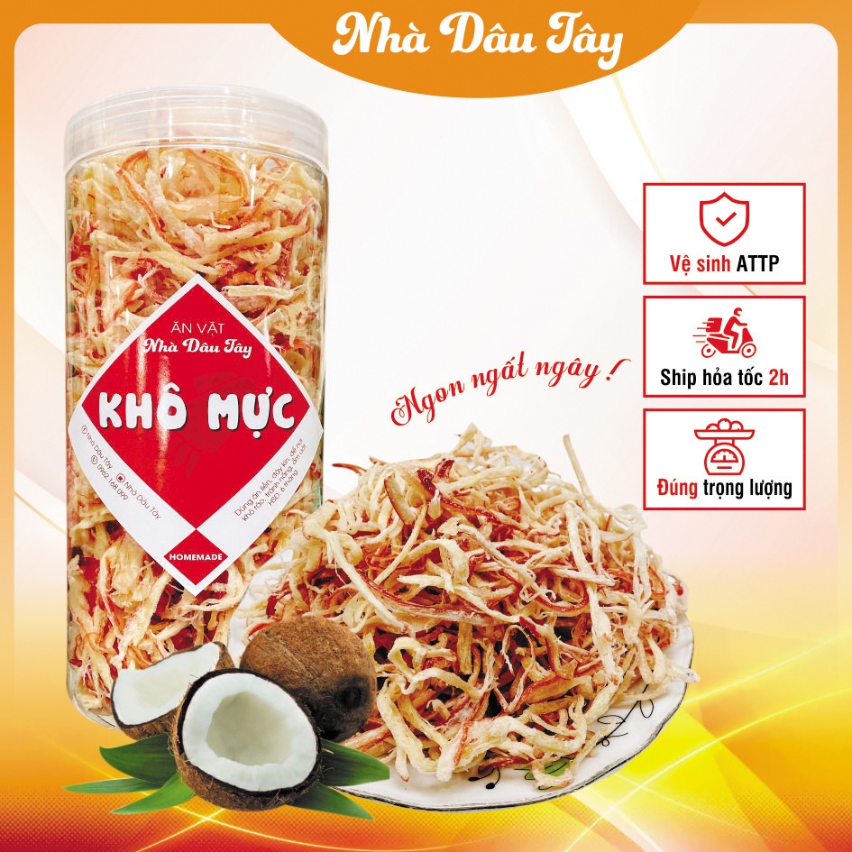250gr Khô mực hấp dừa xé sợi, Mực thật - Ăn Vặt Nhà Dâu Tây HN