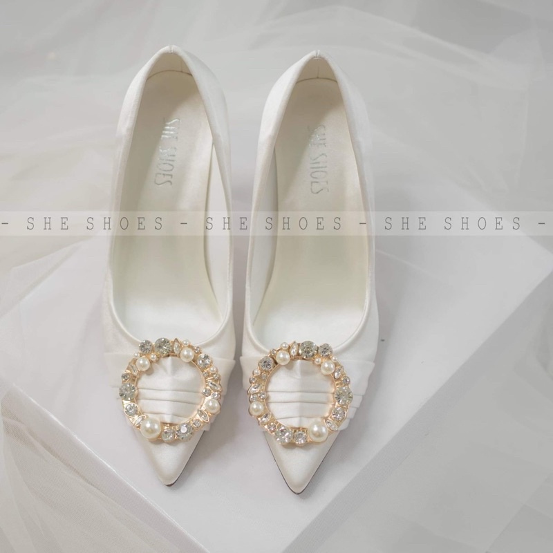 Giày cưới gót nhọn ♥️Freeship♥️ Giày màu trắng cô dâu cao cấp
