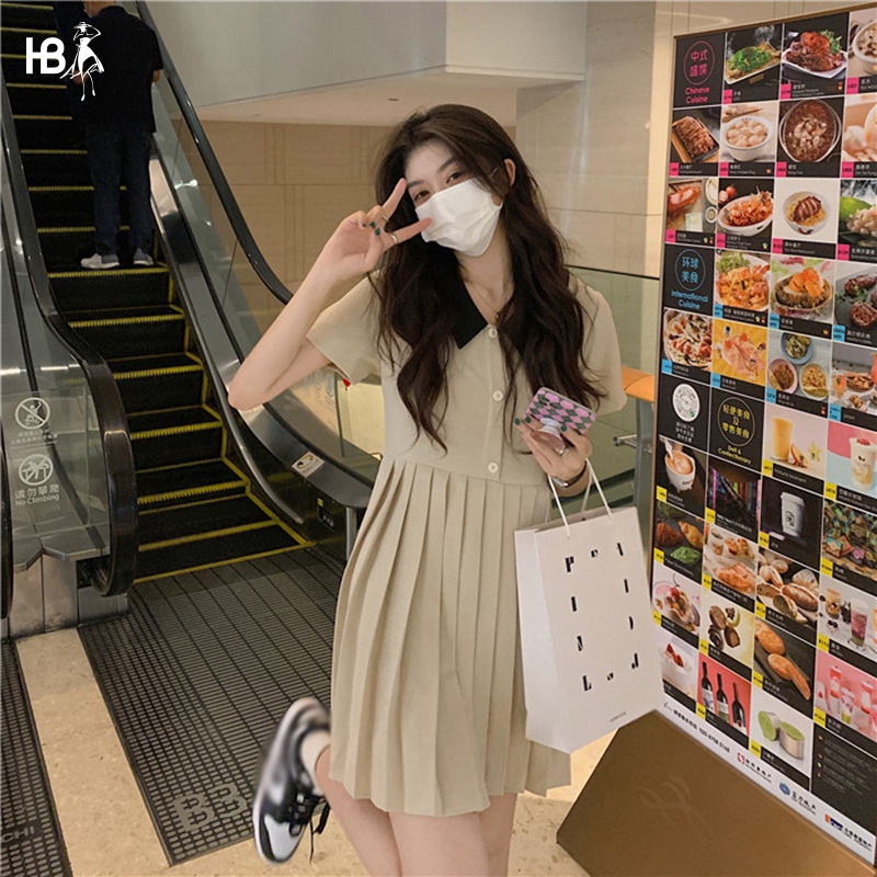 Đầm polo nữ HB thiết kế cổ phối màu đen tùng váy xếp ly D059