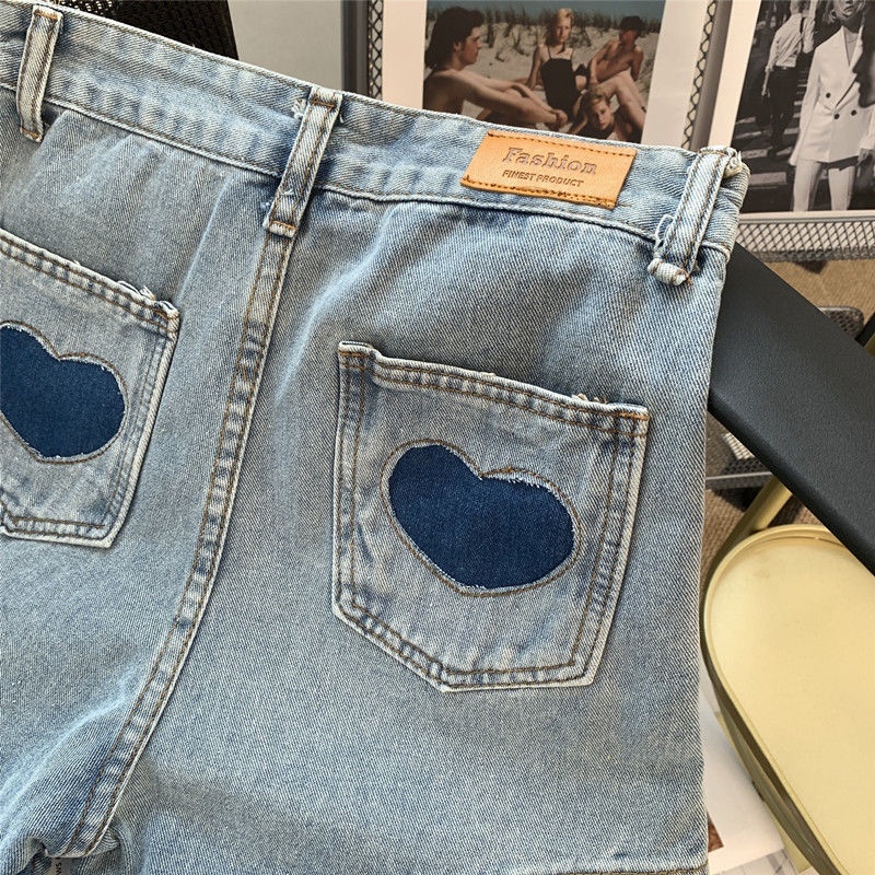 Quần Jeans Lưng Cao Ống Rộng Thêu Hình Trái Tim Màu Sắc Tương Phản Thời Trang Cho Nữ