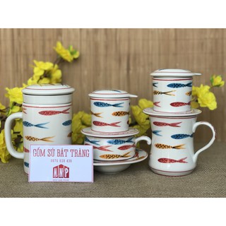 Bộ 3 cốc lọc trà- cafe phin- Cafe sữa Hoa văn Cá 3 màu Bát tràng