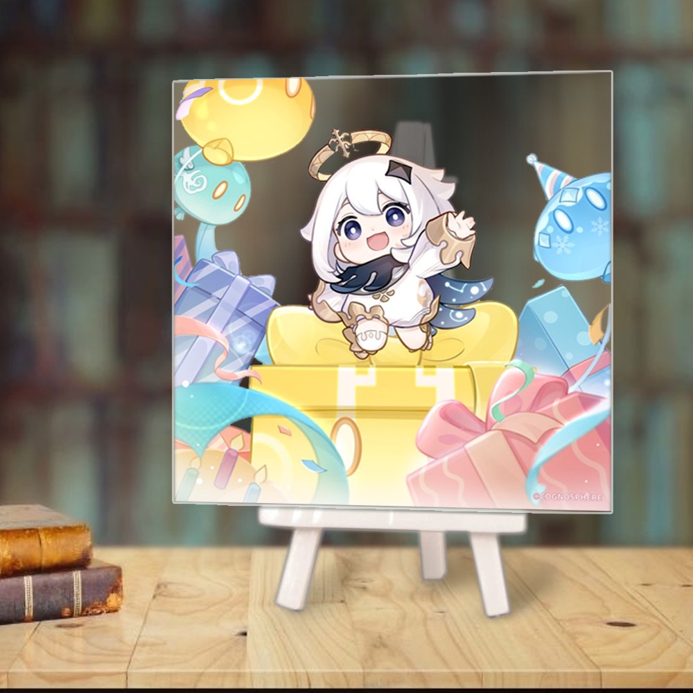 Tranh kính game GENSHIN IMPACT anime chibi acrylic mica trong trưng bày trang trí giá gỗ