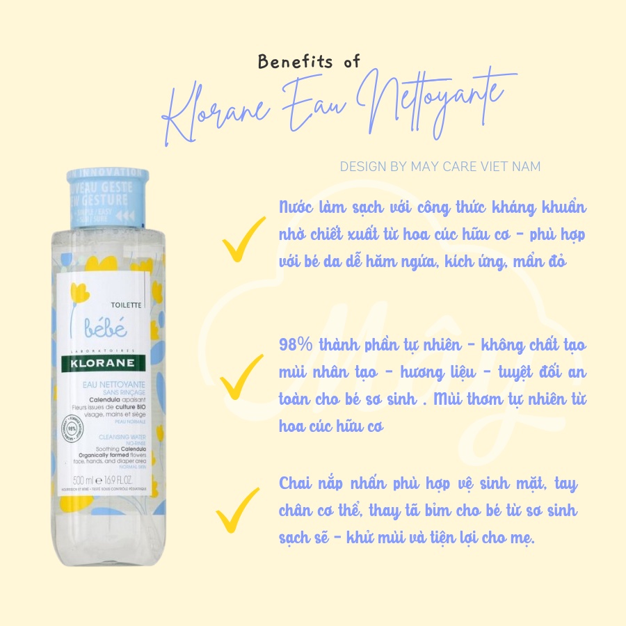 Nước làm sạch da thay tã không cần rửa lại có nắp nhấn tiện lợi từ hoa cúc hữu cơ Micellaire Klorane