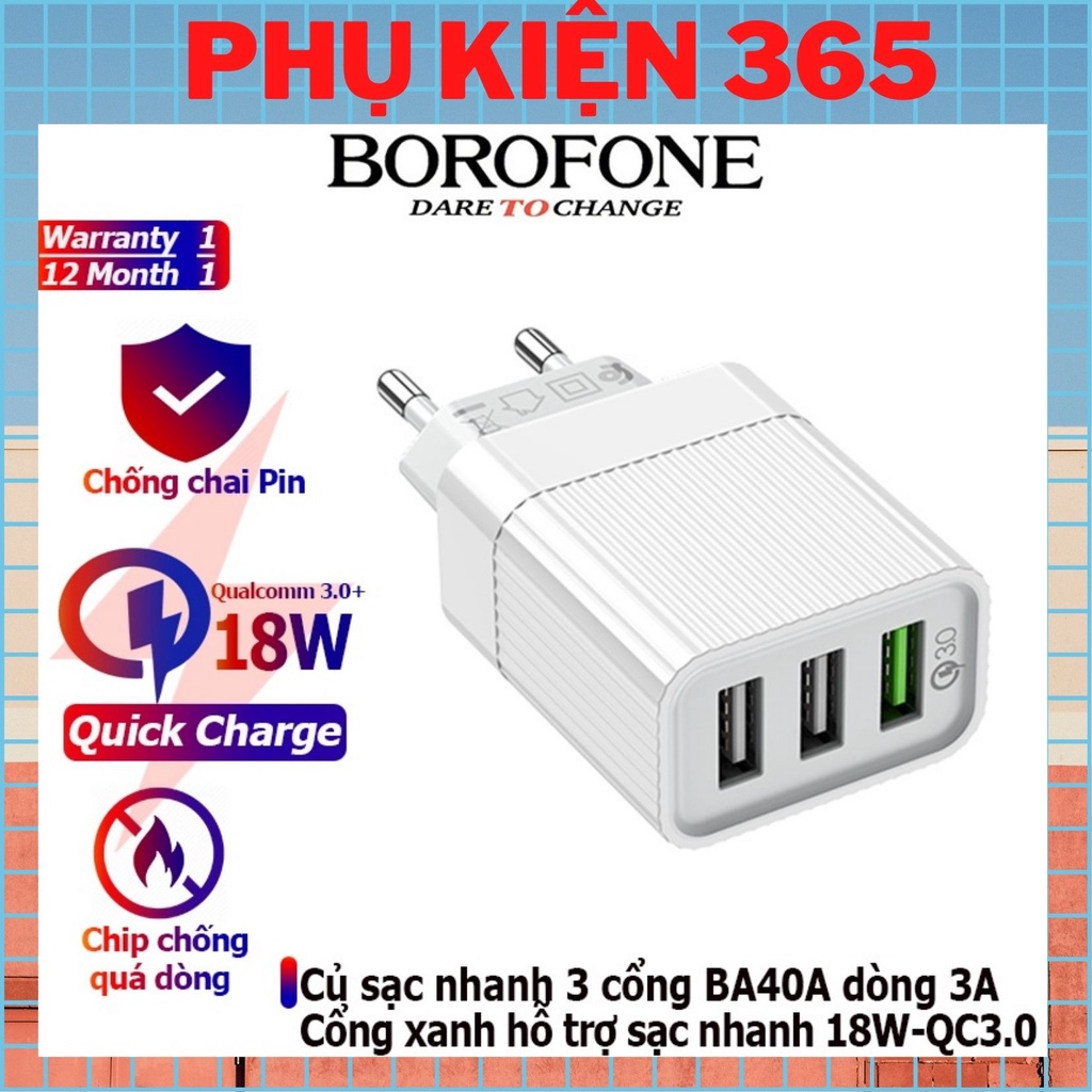 Củ sạc nhanh 18W-QC3.0 BOROFONE BA40A gồm 3 cổng USB dòng 3A, cóc sạc full cho iPhone, iPad, Android - Chính hãng