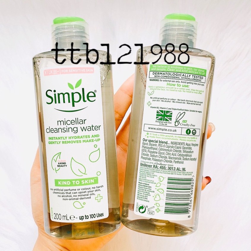 Nước Tẩy Trang SIMPLE Cleansing Water Kind To Skin 200ML