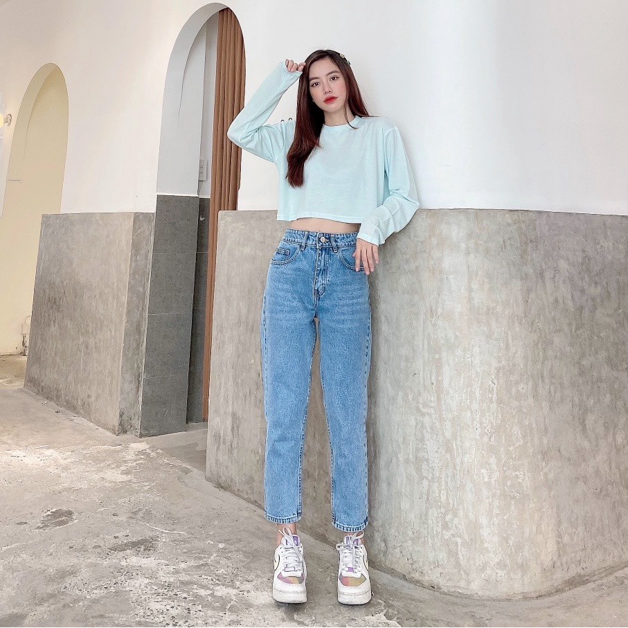 Quần Jeans Nữ Lưng Cao Màu Xanh Wash Râu Mèo LDM-102C