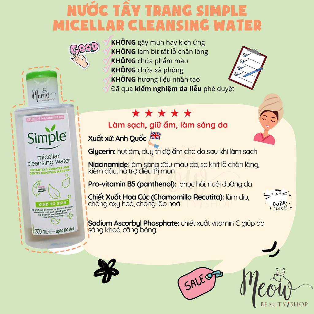 Simple - Nước tẩy trang Simple Micellar Cleansing Water (200ml)