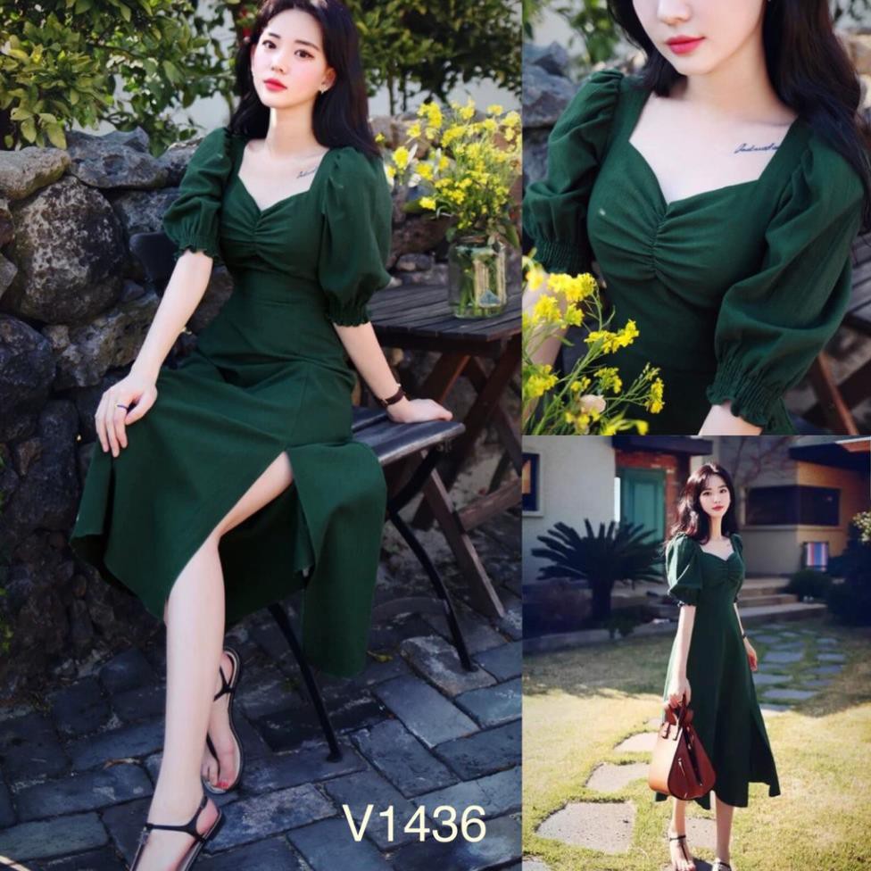 Váy xanh xẻ tà V1436 - Đẹp Shop DVC (Kèm ảnh thật trải sàn do shop tự chụp)