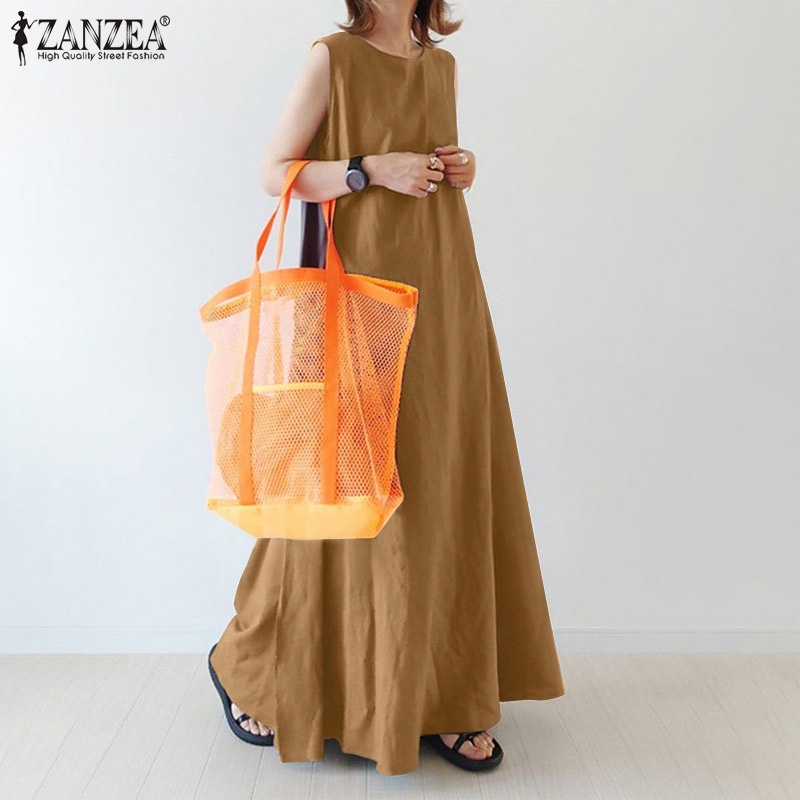 Đầm ZANZEA dáng dài không tay phối nút thời trang dành cho nữ