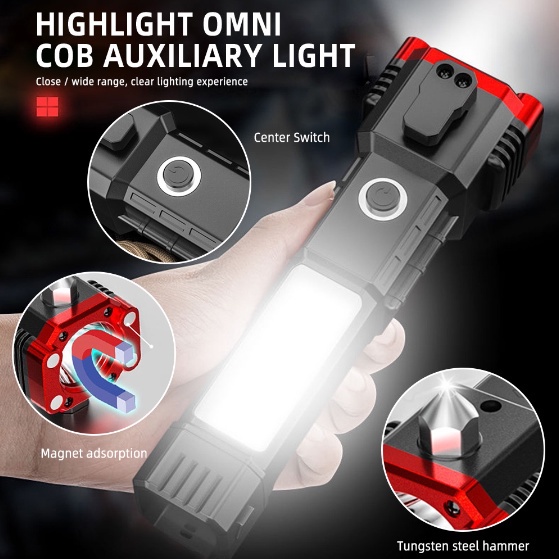 Đèn pin cực sáng đa chức năng Đèn pin LED công tắc đèn làm việc, đèn pin búa thoát hiểm, đèn rọi ngoài trời, thiết bị cắ