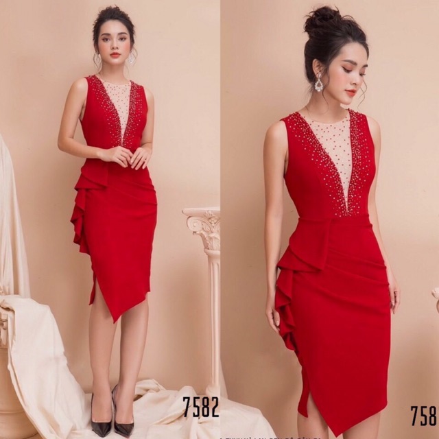 Đầm body ép đá tà xéo phối bèo M/L/XL/2XL⚡️Đầm dự tiệc