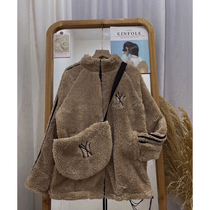 [CÓ ẢNH THẬT] Áo Khoác Lông N Y Kèm Túi Chéo- Áo Khoác Lót Lông Nâu Sang Chảnh Form Rộng Unisex