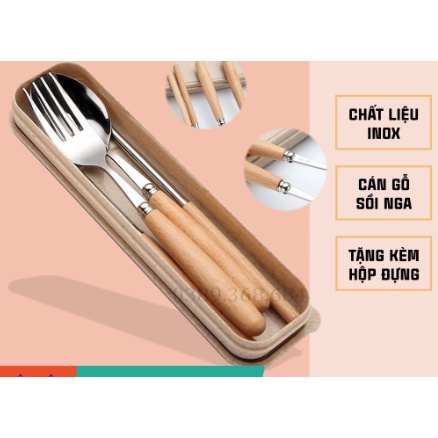 Bộ thìa, đũa, dĩa chất liệu inox, cán gỗ sang trọng tặng kèm hộp đựng cao cấp