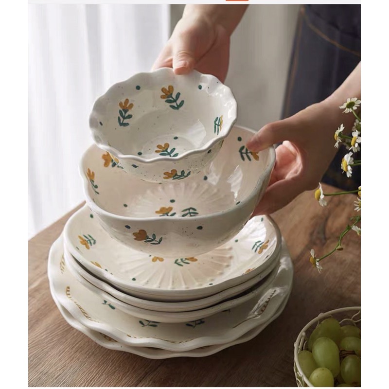 Bộ bát đĩa hoa cỏ vàng men tiêu phong cách vintage