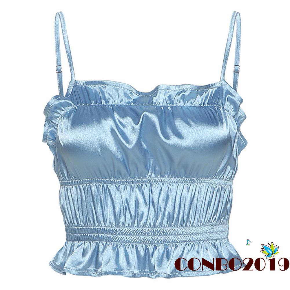 Áo Lửng Hai Dây Xếp Nếp Màu Trơn Gợi Cảm Cho Nữ