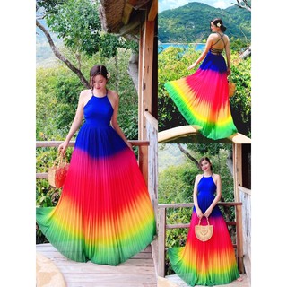 (miễn phí chỉnh váy) đầm maxi yếm dập li màu loang ombre cầu vồng nhiều màu đi biển du lịch chụp hình sống ảo