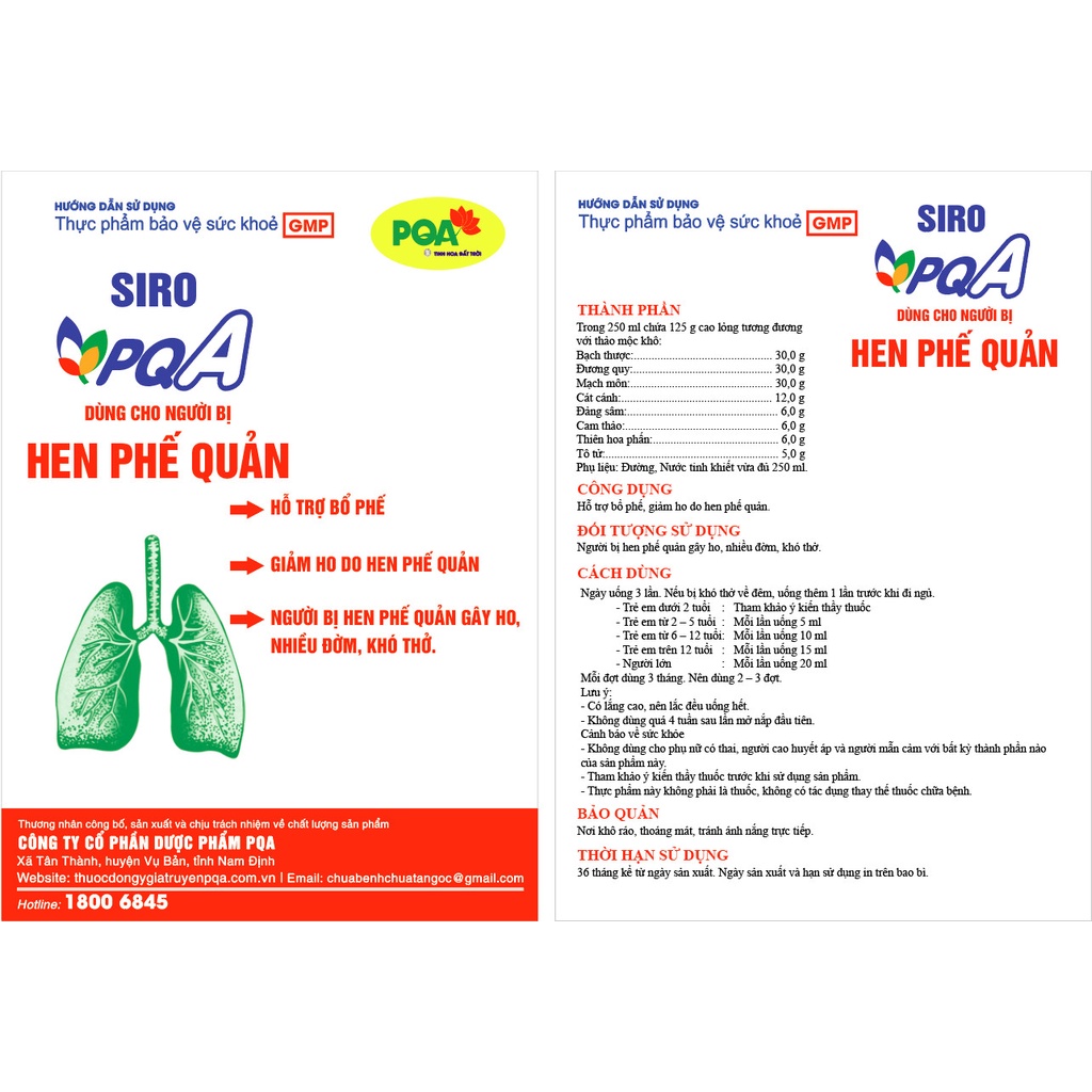 Hen phế quản PQA dòng cao cấp dùng cho người bị hen phế quản. Hộp 250ml