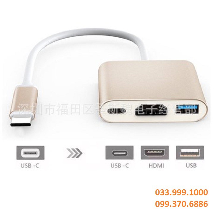[Mã ELFLASH5 giảm 20K đơn 50K] ADAPTER USB C HUB CHUYỂN ĐỔI 3 IN 1 USB C TO HDMI + USB C + USB B