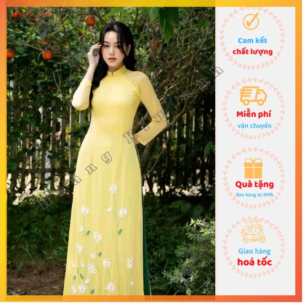 ÁO DÀI NỮ 4 TÀ CÁCH TÂN THIẾT KẾ KẾT HOA CÚC TRẮNG VOAN TƠ LÓT VẢI LỤA MÀU VÀNG - ÁO DÀI MẶC TẾT TRUYỀN THỐNG ADCTHCV