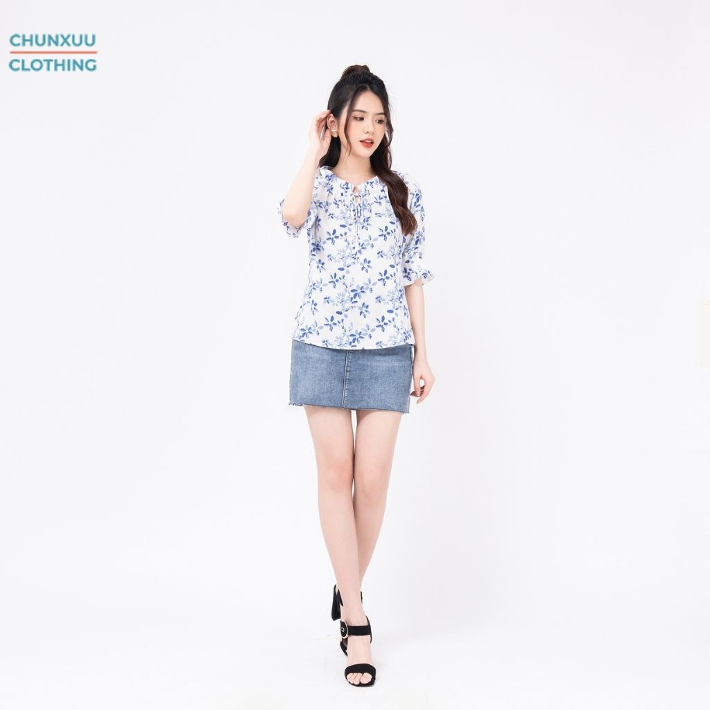 Áo sơ mi nữ tay lỡ thời trang công sở Chunxuu thiết kế cổ áo bèo họa tiết hoa nhí tươi sáng trẻ trung - XU15
