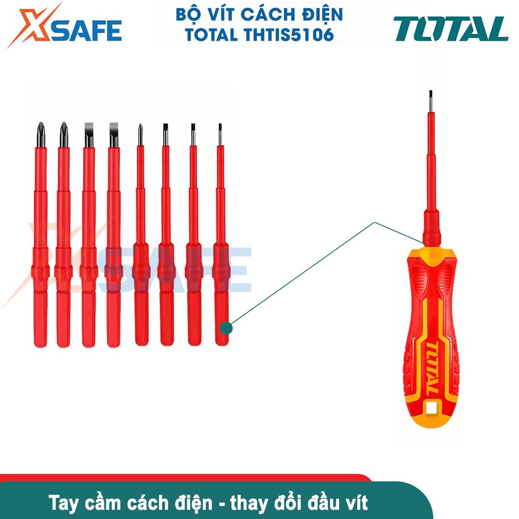 Bộ tua vít đa năng TOTAL THTIS5106 cách điện 1000V, 10 chi tiết, tay cầm tròn cách điện có thể hoán đổi đầu vít