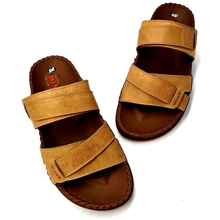 Dép 2 quai ngang đế lá cao cấp da bò, dép da bò xăng đan nam bảo hành 12 tháng shop kinson