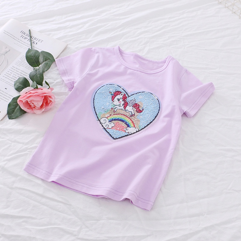 Áo Thun Cotton Tay Lỡ Đính Kim Sa Hình Kỳ Lân Thay Đổi Màu Sắc Cho Bé Gái