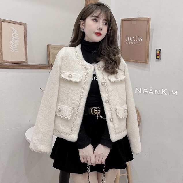 áo khoác nữ thu đông 2 lớp, áo khoác lông viền dạ cúc ngọc điệu đà kèm ảnh thật phía sau
