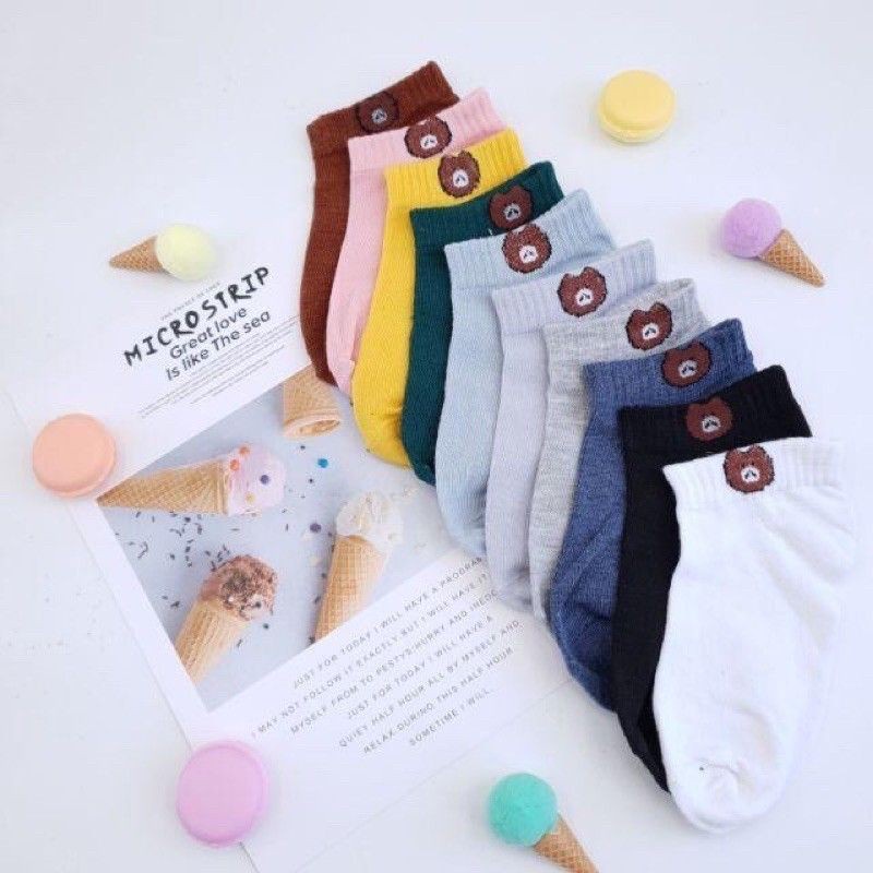 Combo 10 đôi tất nữ cổ ngắn hình gấu Kute Brown tặng kèm túi rút