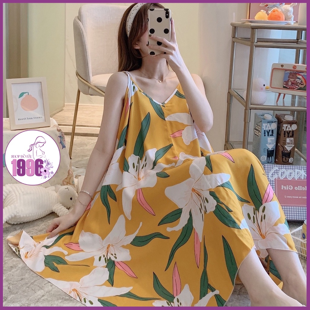 Đầm bầu xinh 💖FREESIZE💖 Váy bầu 2 dây mặc tại nhà phong cách Nhật Bản cotton lụa, váy ngủ mỏng siêu dễ thương 1996DB03