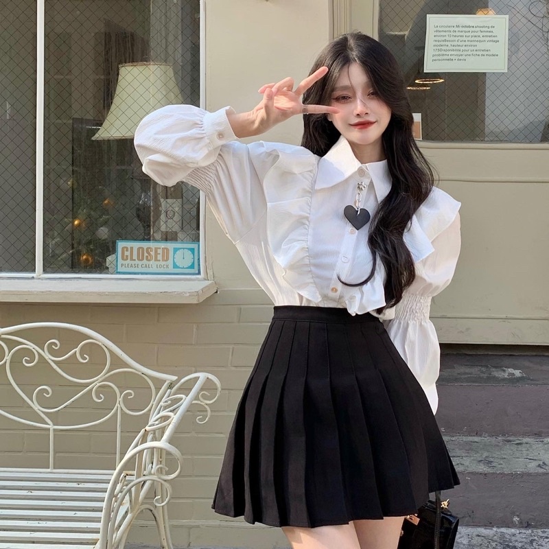 Set sơ mi cánh tiên + chân váy tennis phong cách ulzzang điệu đà cho bạn nữ