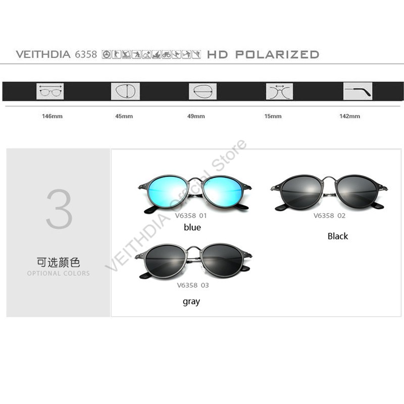 Phụ kiện thời trang VEITHDIA 6358 Kính râm nam nữ full gọng nhôm-magie phân cực nhiều màu sắc