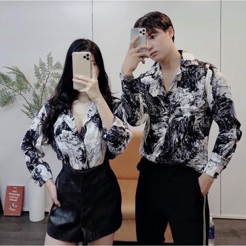 Áo sơ mi cặp có cổ sơmi đôi đẹp hàn quốc giá rẻ loang đen trắng TCS smm 037
