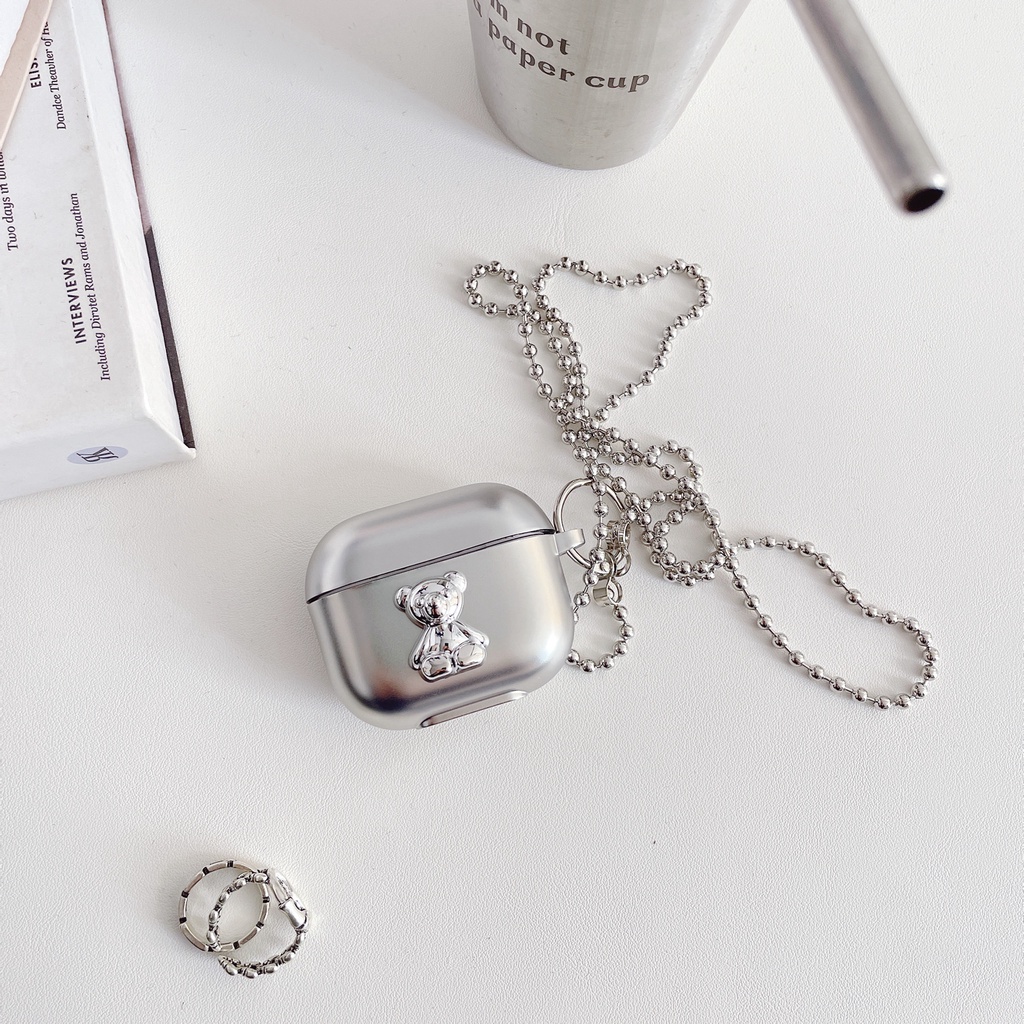 Vỏ bọc TPU mềm nhám bảo vệ hộp sạc tai nghe Airpods 1/ 2 pro 3 mới mạ bạc họa tiết gấu dễ thương