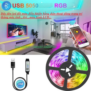 Dây đèn led đổi màu điều khiển bằng điện thoại dúng trang trí thùng máy tính , tivi , màn hình LCD...