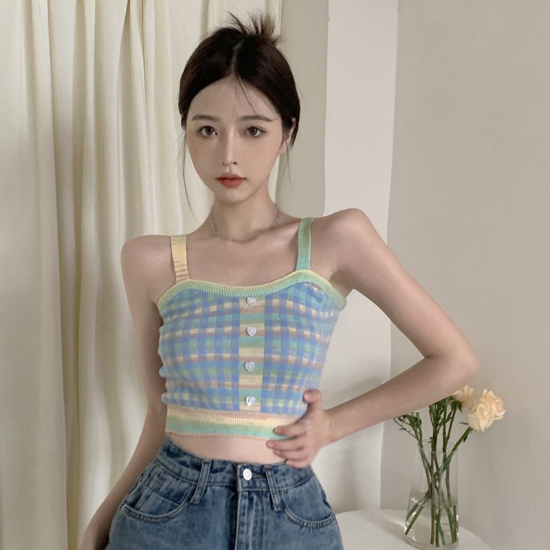 Áo Croptop Dệt Kim Hai Dây Màu Sắc Ngọt Ngào Thời Trang Cho Nữ
