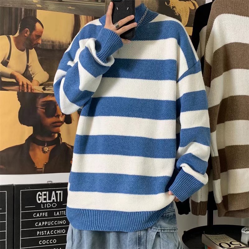 Áo sweater cổ lọ dáng rộng kẻ sọc thoáng mát trẻ trung dành cho nam M-3XL