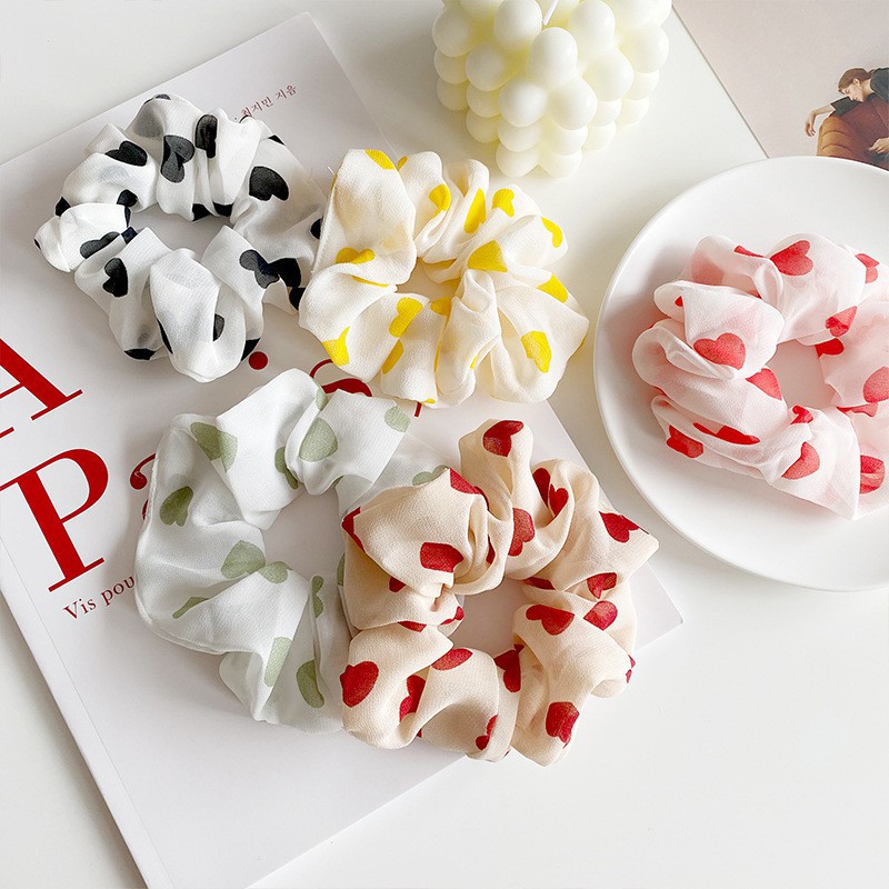 SCRUNCHIES CỘT TÓC, DÂY BUỘC TÓC VẢI VOAN MỎNG HỌA TIẾT TRÁI TIM SIÊU CUTE