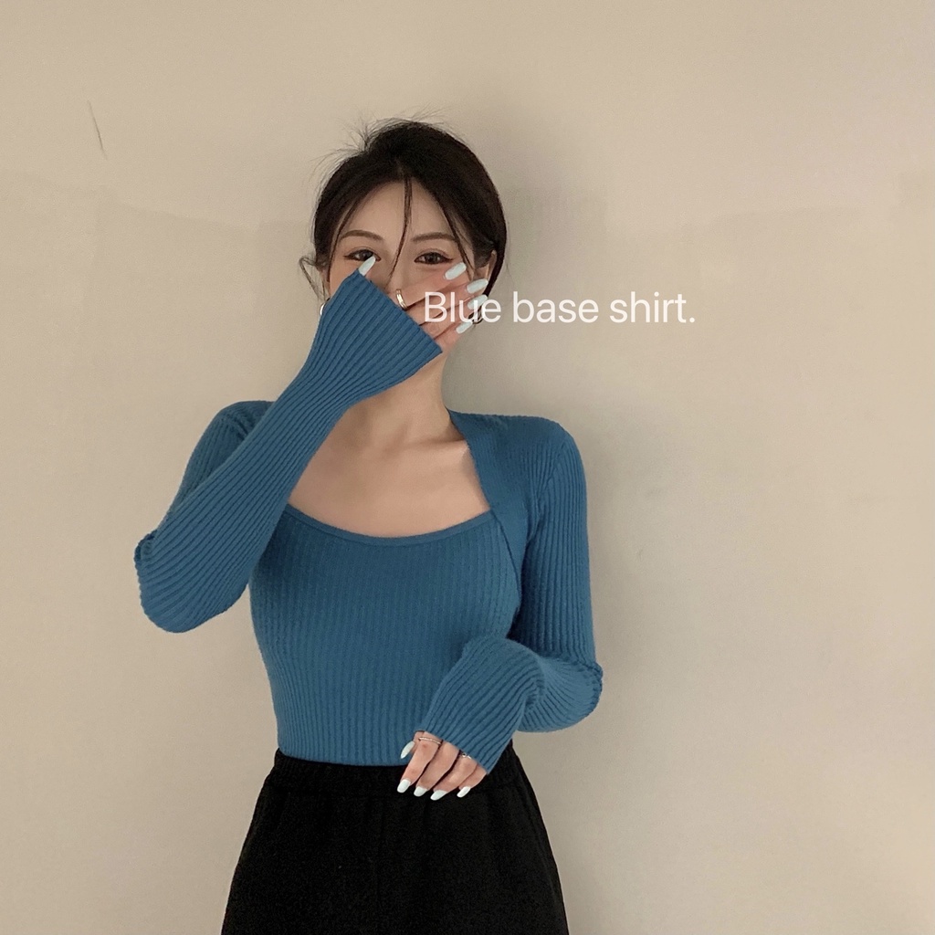 Porozi  Áo dệt kim tay dài cổ vuông phong cách thời trang retro Hàn Quốc