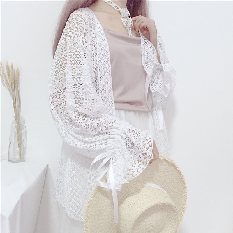 Áo Khoác Cardigan Aimeehouse áo Ren Tay Dài Dáng Rộng Nữ Tính áo ren đi biển sexy