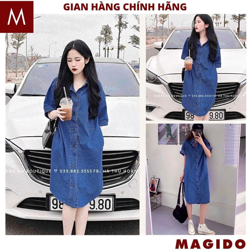 Váy đầm sơ mi jean ngắn tay cổ đức phối túi ngực vạt bầu dáng suông chất bò dày dặn phong cách hàn quốc -MAGIDO
