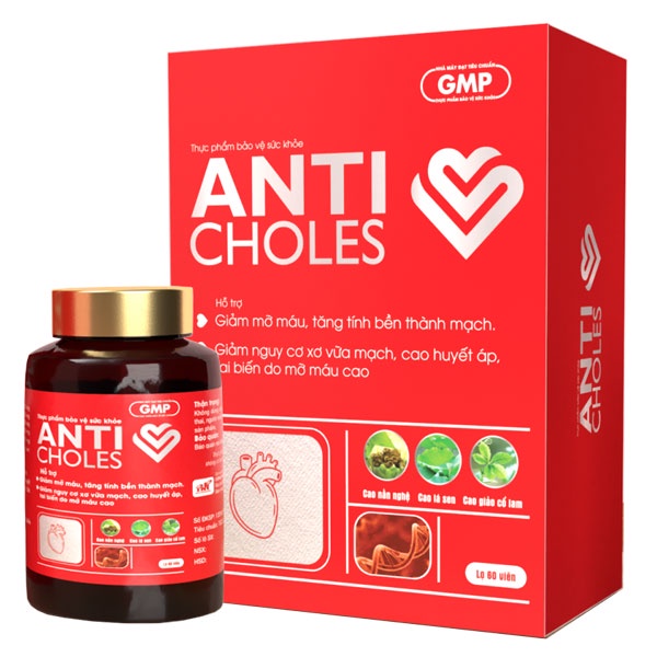 Anti Choles, hỗ trợ giảm mỡ máu, giảm nguy cơ xơ vữa mạch máu (Hộp 60 viên)
