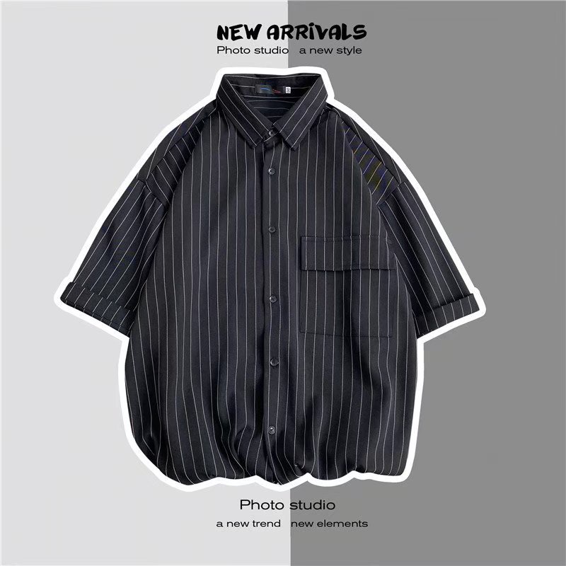Áo sơ mi tay ngắn dáng rộng họa tiết kẻ sọc phong cách thời trang hong kong cho nam giới size M-3XL